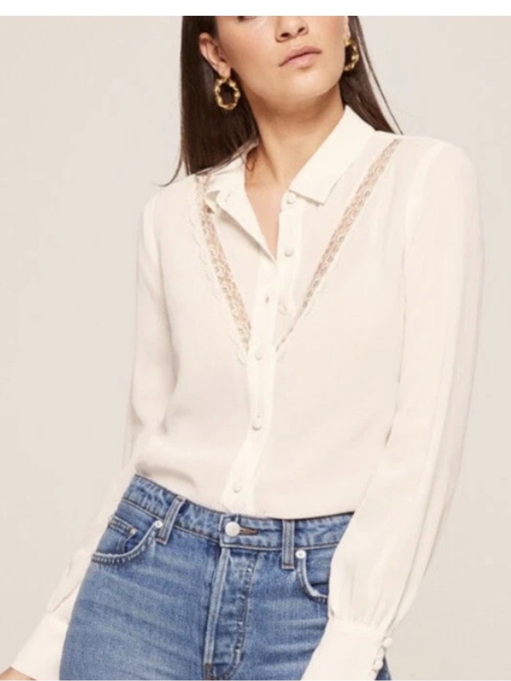 REFORMATION Paulina Button Up shirt- Top lace trim in Ivory-M